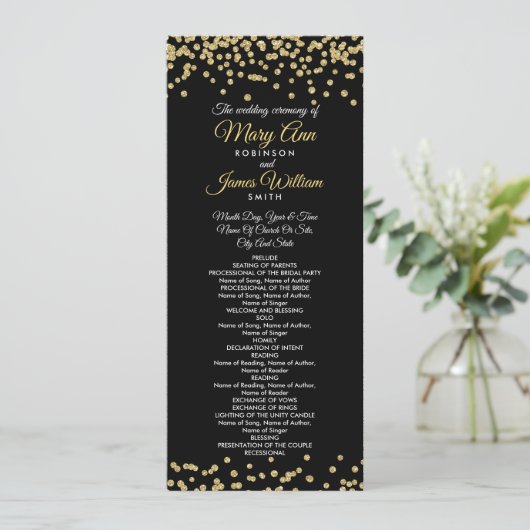 Weddenprogramma Gold Faux Glitter Confetti Black Programmakaart (Staand voorkant)