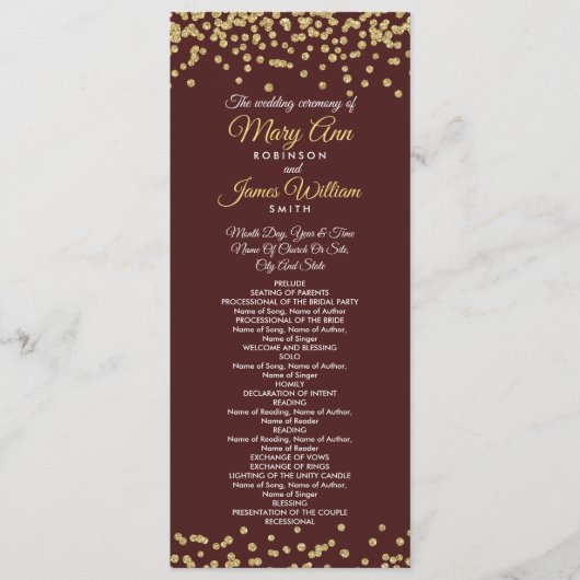 Weddenprogramma Gold Faux Glitter Confetti Marsala Programmakaart (Voorkant)