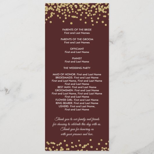 Weddenprogramma Gold Faux Glitter Confetti Marsala Programmakaart (Achterkant)