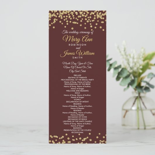 Weddenprogramma Gold Faux Glitter Confetti Marsala Programmakaart (Staand voorkant)