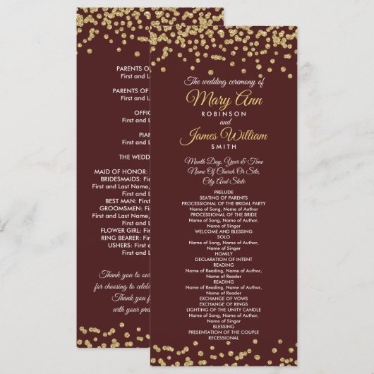 Weddenprogramma Gold Faux Glitter Confetti Marsala Programmakaart (Voorkant / Achterkant)