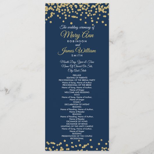 Weddenprogramma Gold Faux Glitter Confetti Navy Programmakaart (Voorkant)