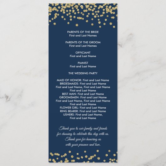 Weddenprogramma Gold Faux Glitter Confetti Navy Programmakaart (Achterkant)