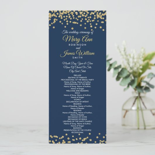 Weddenprogramma Gold Faux Glitter Confetti Navy Programmakaart (Staand voorkant)