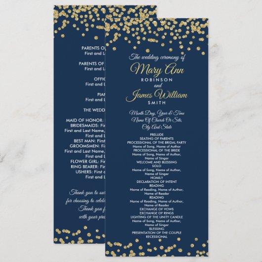 Weddenprogramma Gold Faux Glitter Confetti Navy Programmakaart (Voorkant / Achterkant)