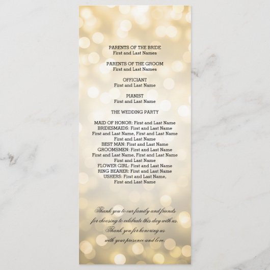 Weddenprogramma Gold Glitter Lights Programmakaart (Achterkant)