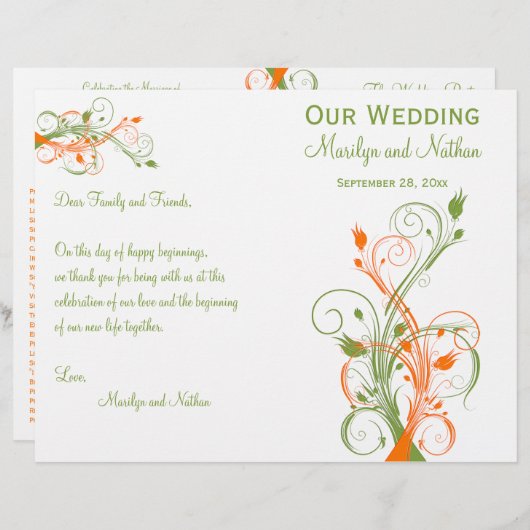 Weddenprogramma | Groen Oranje wit | Floral (Voorkant / Achterkant)