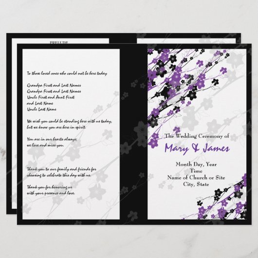 Weddenprogramma Japans bloemen Paars (Voorkant / Achterkant)