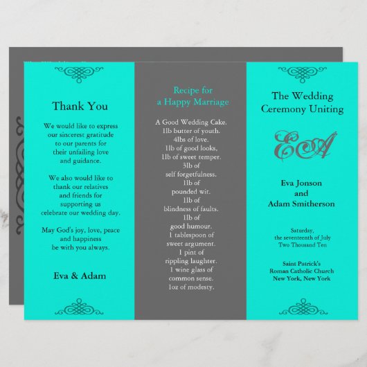 Weddenprogramma-map Klassiek Blauwgroen grijs (Voorkant / Achterkant)