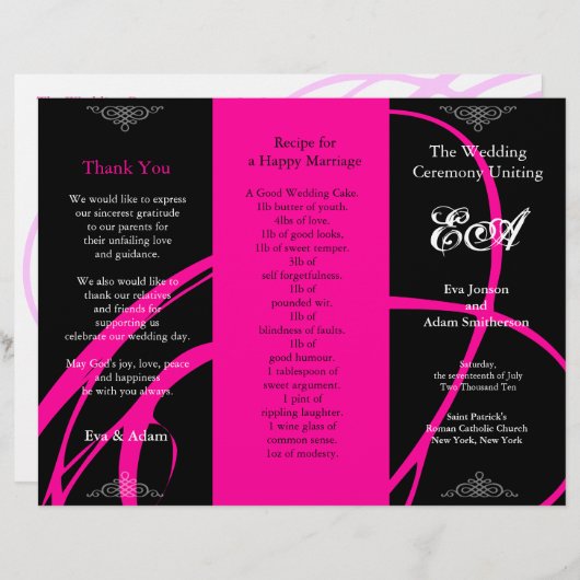 Weddenprogramma-map Twirl Pink Black (Voorkant / Achterkant)