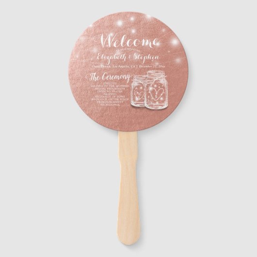 Weddenprogramma Mason Jars String Lights Roos Gold Handwaaier (Voorkant)