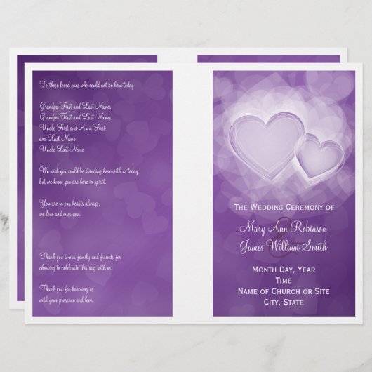 Weddenprogramma Modern Hearts Paars (Voorkant / Achterkant)