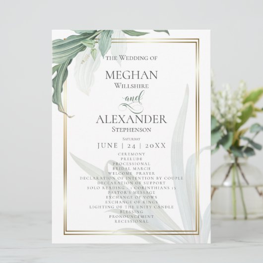 Weddenprogramma | Moderne elegante tropische blade Menu (Staand voorkant)