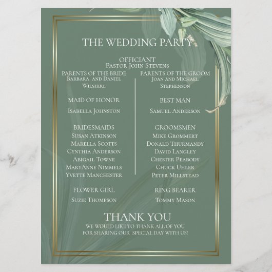 Weddenprogramma | Moderne elegante tropische blade Menu (Achterkant)