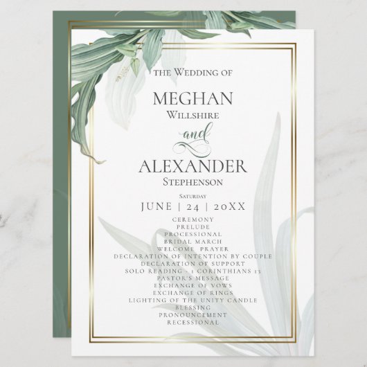 Weddenprogramma | Moderne elegante tropische blade Menu (Voorkant / Achterkant)