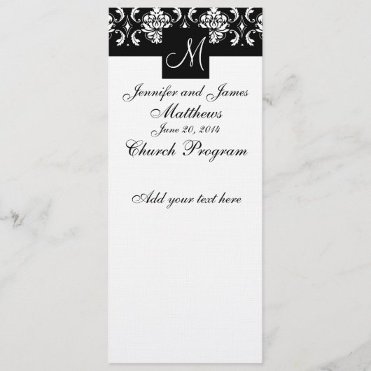Weddenprogramma Monogram Black White Damask Programmakaart (Voorkant)