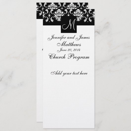 Weddenprogramma Monogram Black White Damask Programmakaart (Voorkant / Achterkant)
