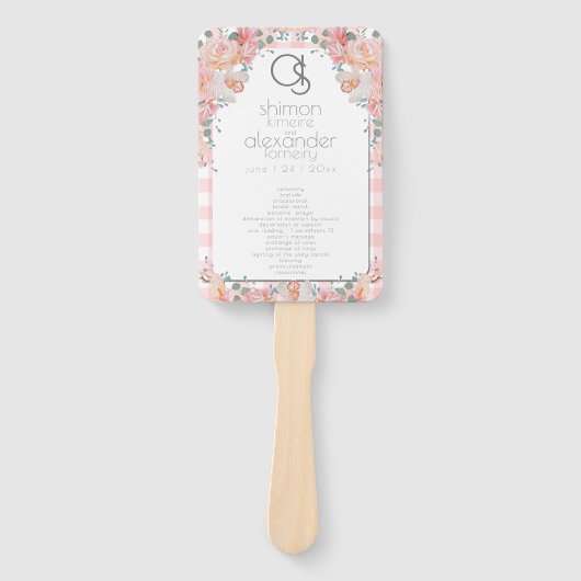 Weddenprogramma | Monogram Coral Gingham Floral Handwaaier (Voorkant)