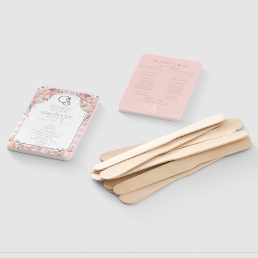 Weddenprogramma | Monogram Coral Gingham Floral Handwaaier (Niet-gemonteerd)