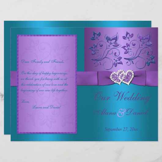 Weddenprogramma | Paars, Turquoise Floral Hearts (Voorkant / Achterkant)