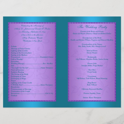 Weddenprogramma | Paars, Turquoise Floral Hearts (Achterkant)