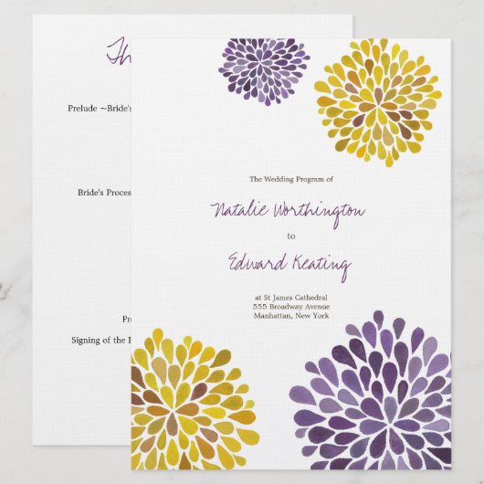 Weddenprogramma Paarse gele bloemen Programmakaart (Voorkant / Achterkant)