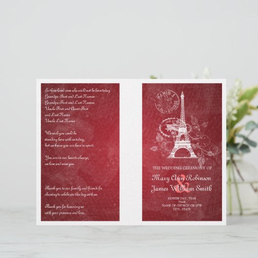 Weddenprogramma Romantic Paris Red (Staand voorkant)