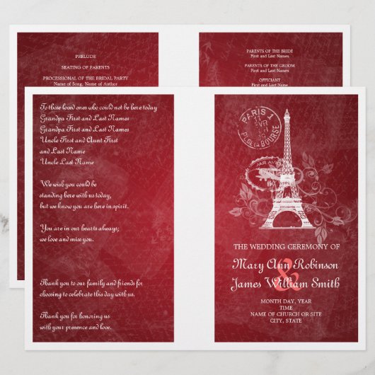 Weddenprogramma Romantic Paris Red (Voorkant / Achterkant)