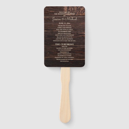 Weddenprogramma Rustic Dark Brown Wood Handwaaier (Voorkant)