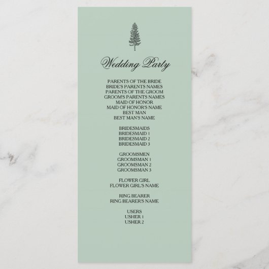 Weddenprogramma, Rustic Pine Tree - Groen Programmakaart (Achterkant)