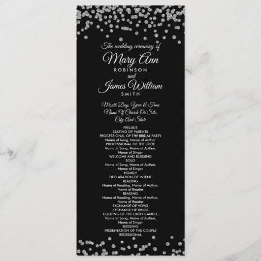 Weddenprogramma Silver Faux Glitter Confetti Black Programmakaart (Voorkant)