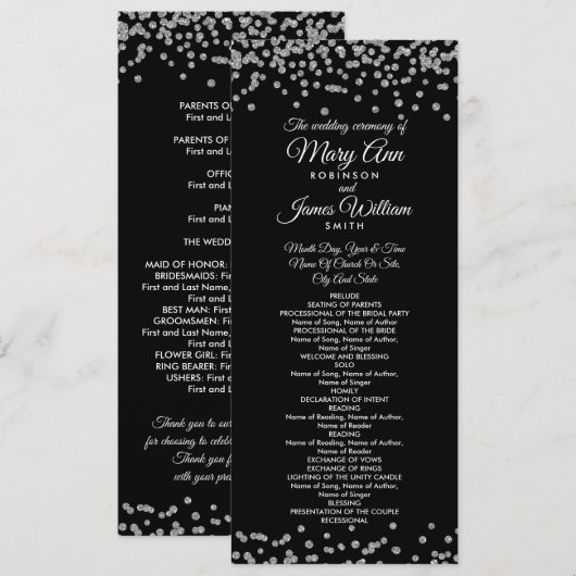 Weddenprogramma Silver Faux Glitter Confetti Black Programmakaart (Voorkant / Achterkant)
