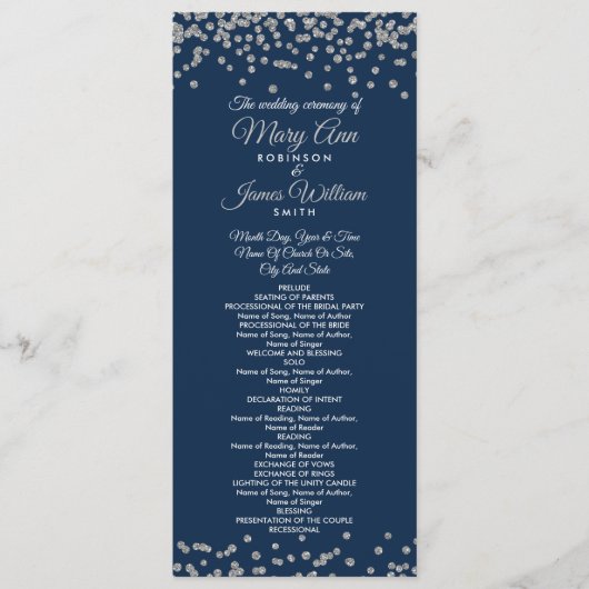 Weddenprogramma Silver Faux Glitter Confetti Navy Programmakaart (Voorkant)