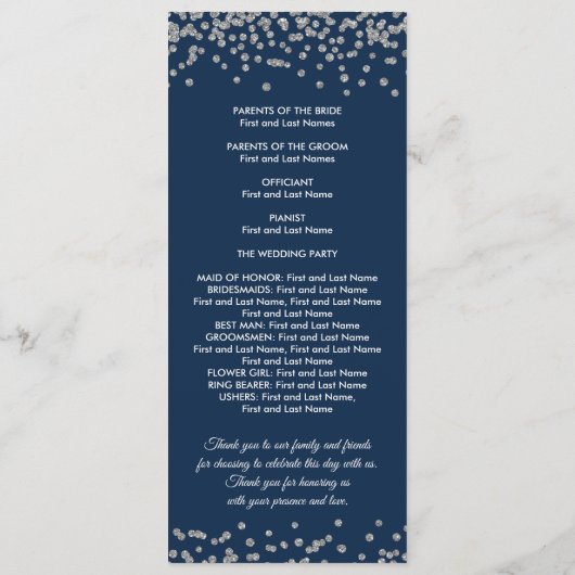 Weddenprogramma Silver Faux Glitter Confetti Navy Programmakaart (Achterkant)