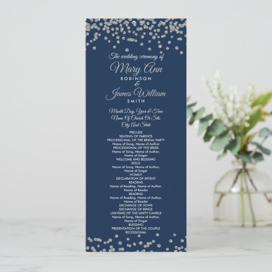 Weddenprogramma Silver Faux Glitter Confetti Navy Programmakaart (Staand voorkant)