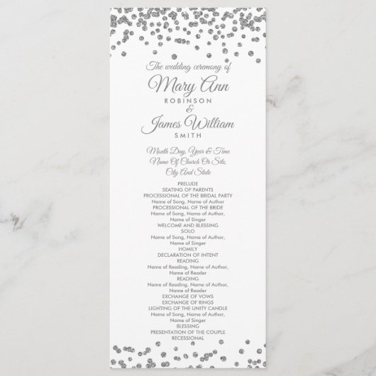 Weddenprogramma Silver Faux Glitter Confetti White Programmakaart (Voorkant)