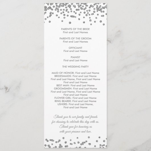 Weddenprogramma Silver Faux Glitter Confetti White Programmakaart (Achterkant)