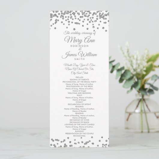 Weddenprogramma Silver Faux Glitter Confetti White Programmakaart (Staand voorkant)