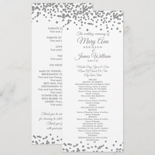 Weddenprogramma Silver Faux Glitter Confetti White Programmakaart (Voorkant / Achterkant)