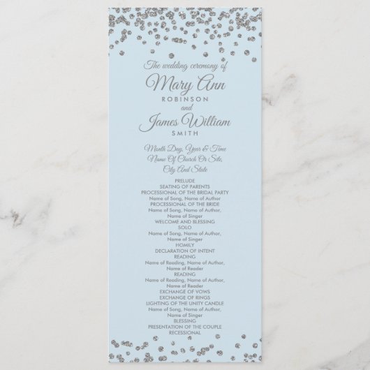 Weddenprogramma Silver Glitter Confetti Ice Blue Programmakaart (Voorkant)