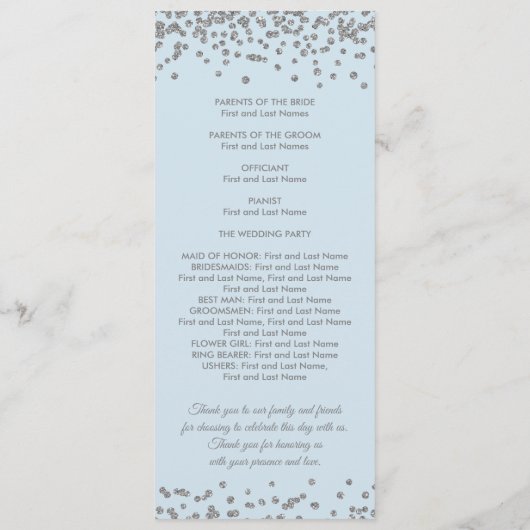 Weddenprogramma Silver Glitter Confetti Ice Blue Programmakaart (Achterkant)