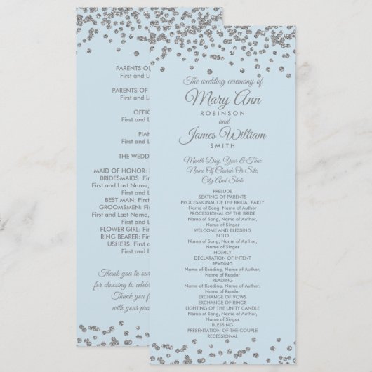 Weddenprogramma Silver Glitter Confetti Ice Blue Programmakaart (Voorkant / Achterkant)