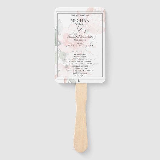 Weddenprogramma | Waterverf Blush Pink Floral Handwaaier (Voorkant)