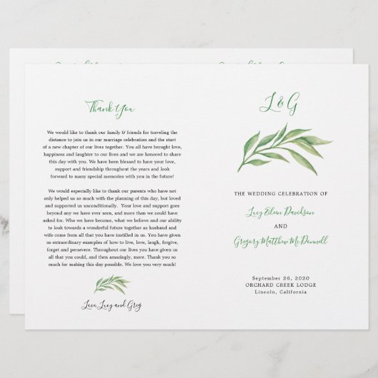 Weddenprogramma | Waterverf Botanische bladeren (Voorkant / Achterkant)