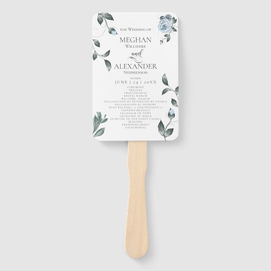Weddenprogramma | Waterverf Dusty Blue Floral Handwaaier (Voorkant)