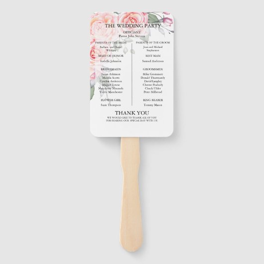 Weddenprogramma | Waterverf Roze rozen Handwaaier (Achterkant)
