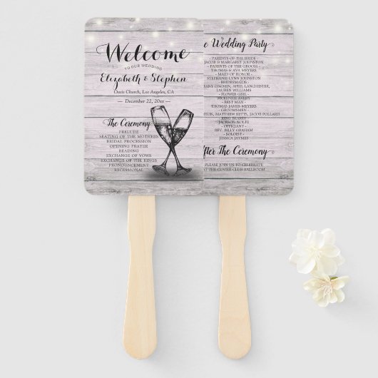 Weddenprogramma's Champagne Glass Rustic Wood Ligh Handwaaier (Voorkant en achterkant)