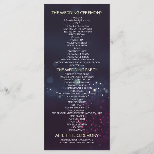 Weddenprogramma's Chic Floral Paarse String Lights Programmakaart (Achterkant)