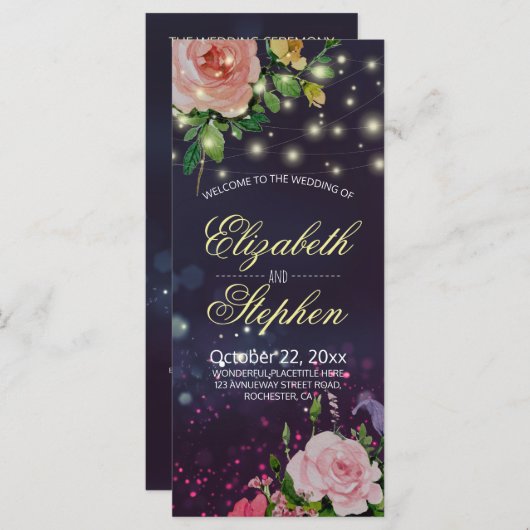 Weddenprogramma's Chic Floral Paarse String Lights Programmakaart (Voorkant / Achterkant)