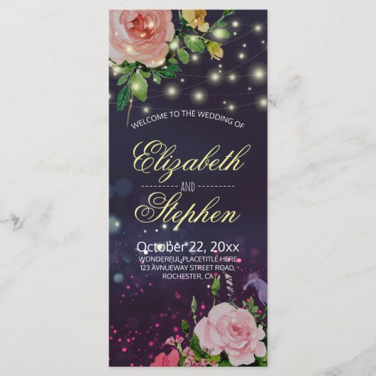 Weddenprogramma's Chic Floral Paarse String Lights Programmakaart (Voorkant)